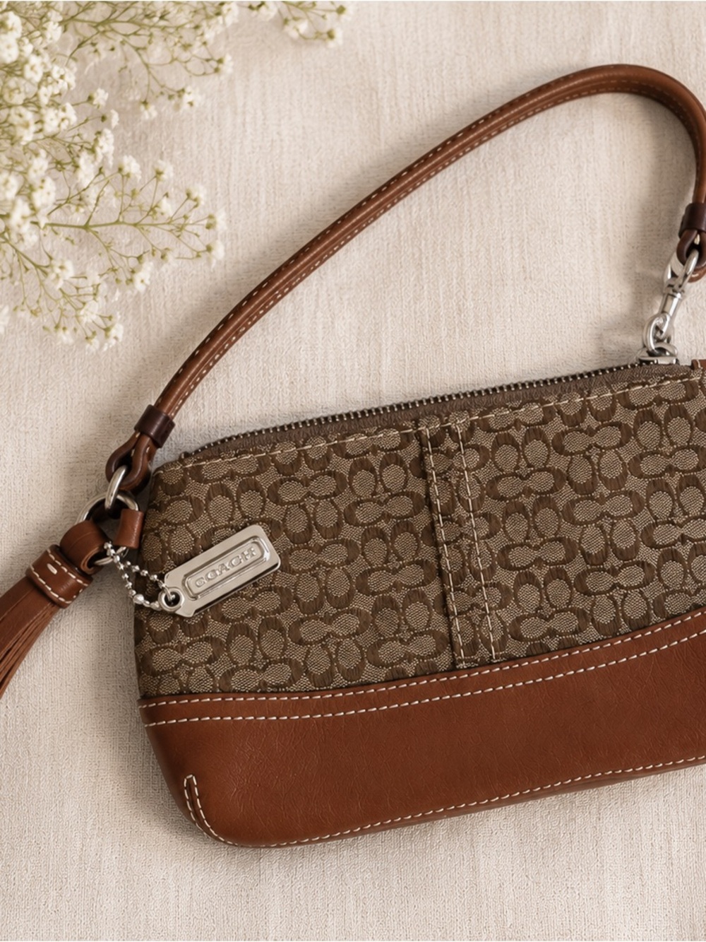 Coach Signature Jacquard & Leather Wristlet / Small Shoulder Bag – Brown